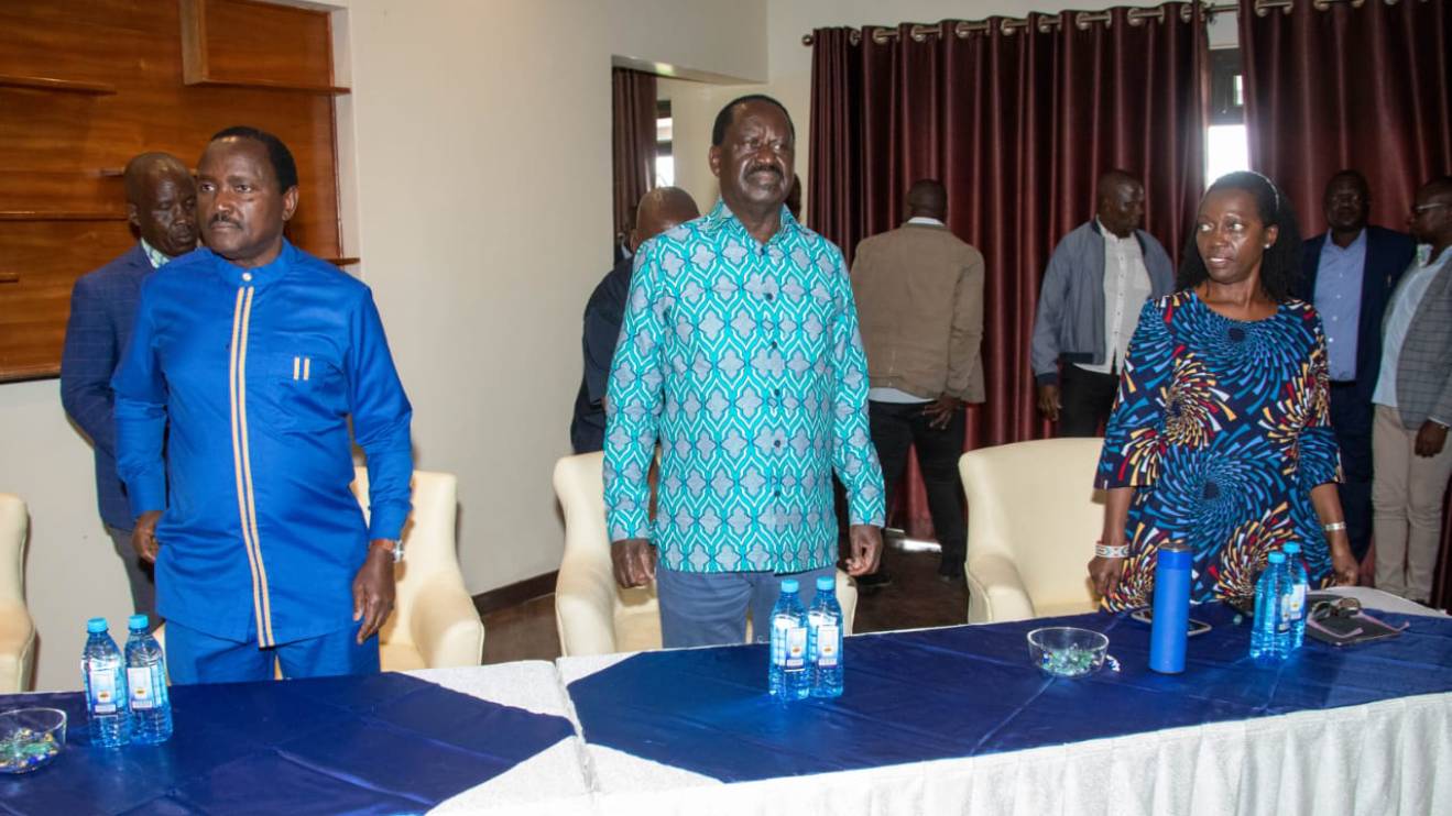 Kalonzo Musyoka, Raila Odinga and Martha Karua at Azimio Colition Parliamentary Group's meeting. PHOTO/COURTESY